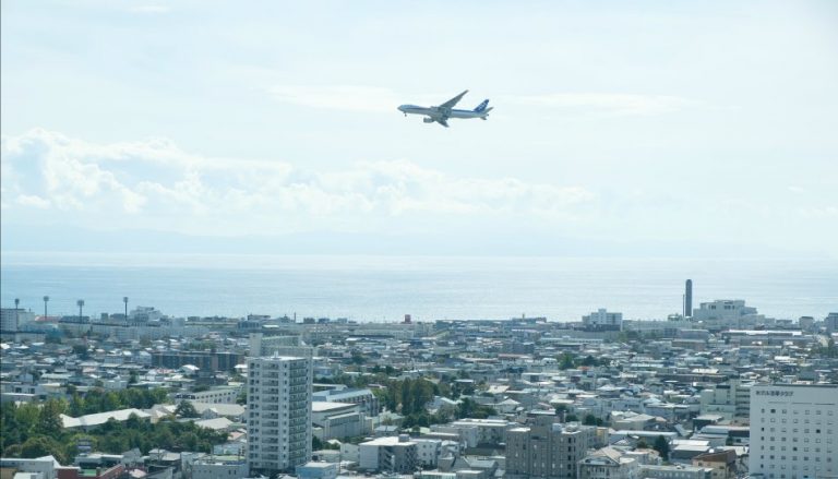 市街の上を飛行機が飛んでいる様子