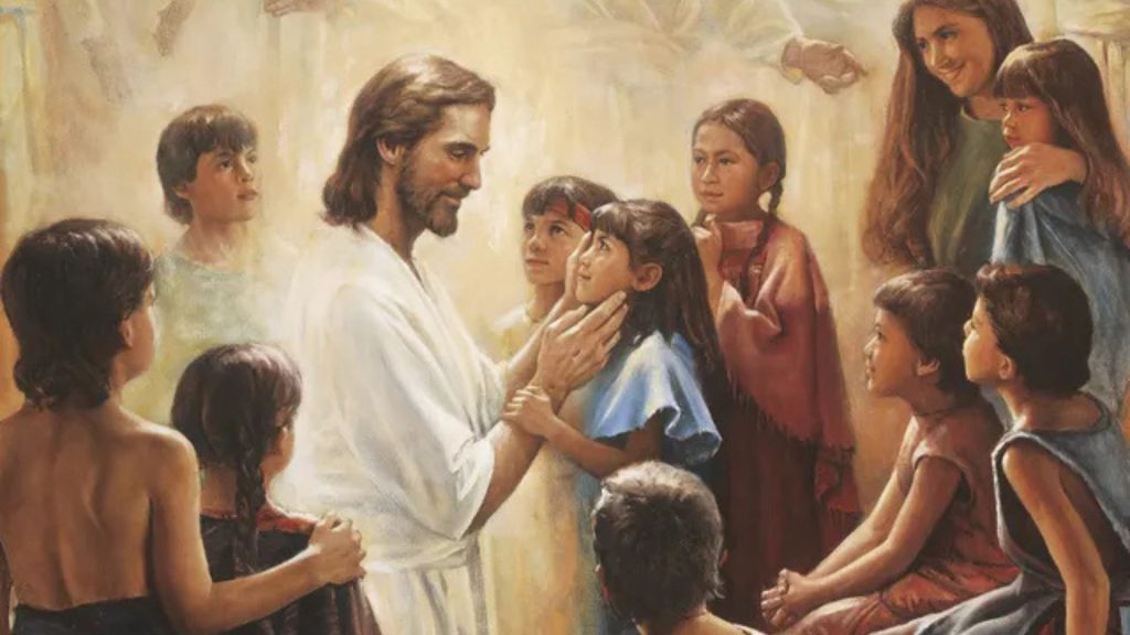 子どもに優しく語りかけるキリストは愛の言葉で語りかけた