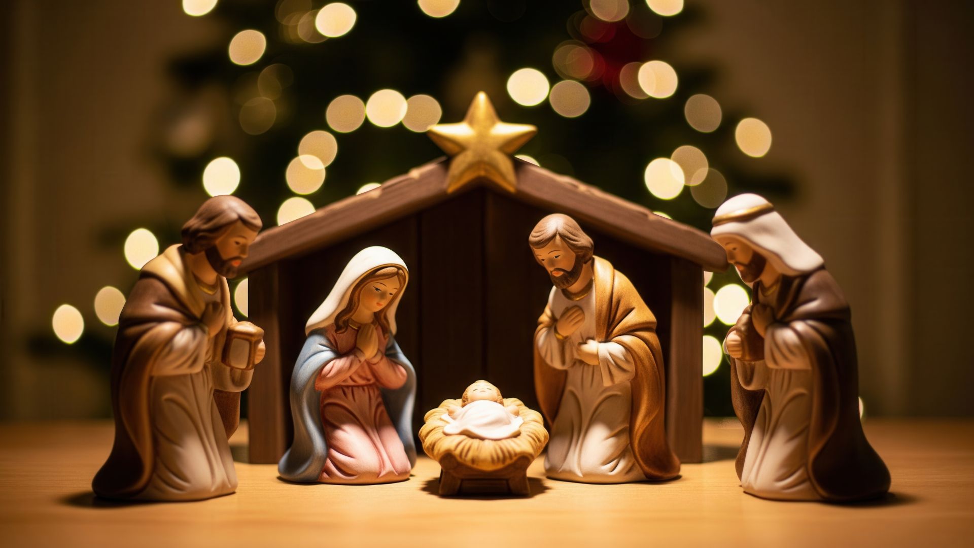 光の中で輝くキリスト降誕の人形たち