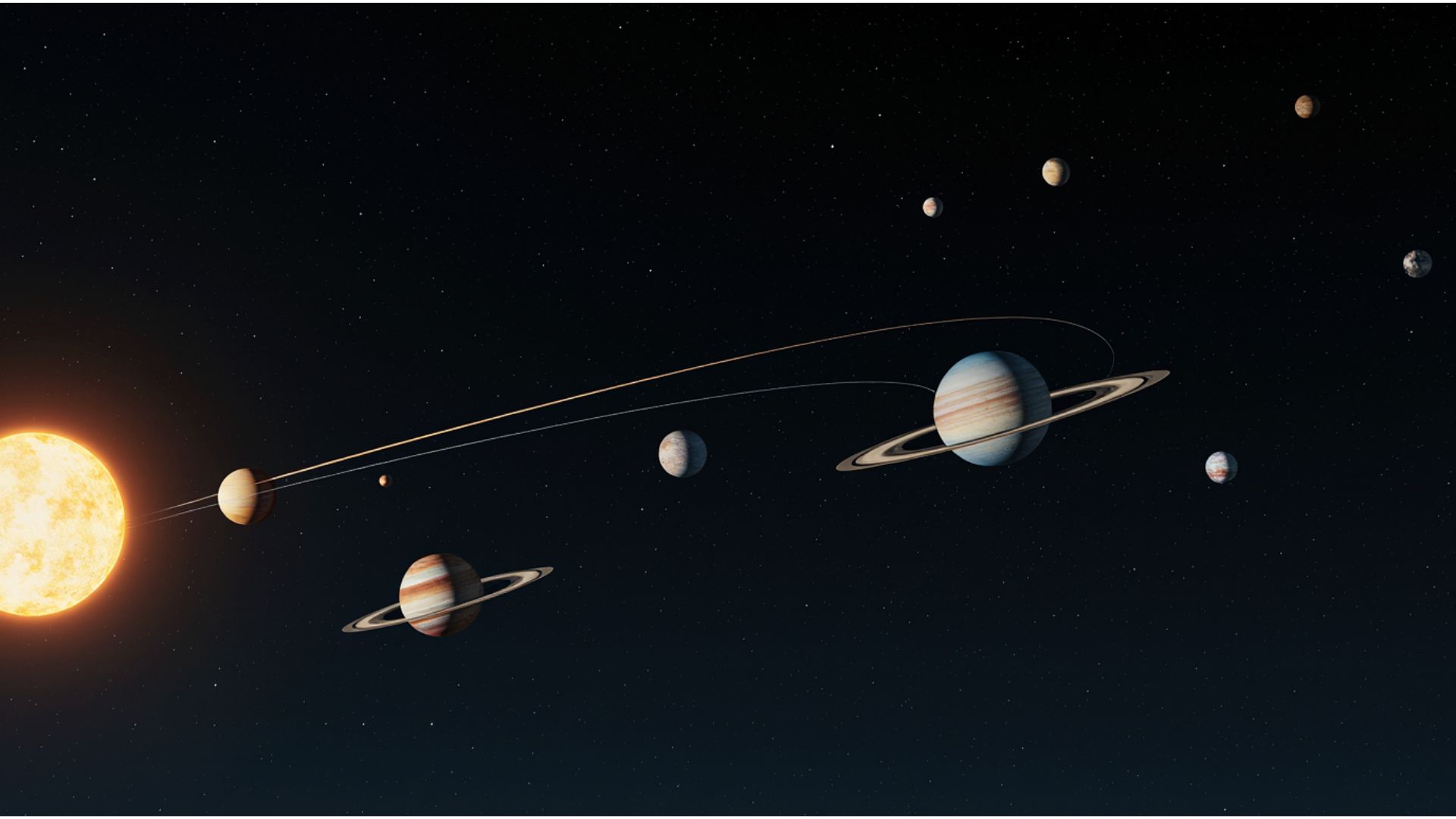 太陽を中心に動き続ける惑星と周りの星たち