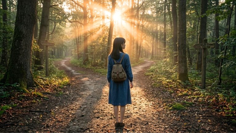 正面から光が差す森の分かれ道でどちらに進むか選ぶ少女