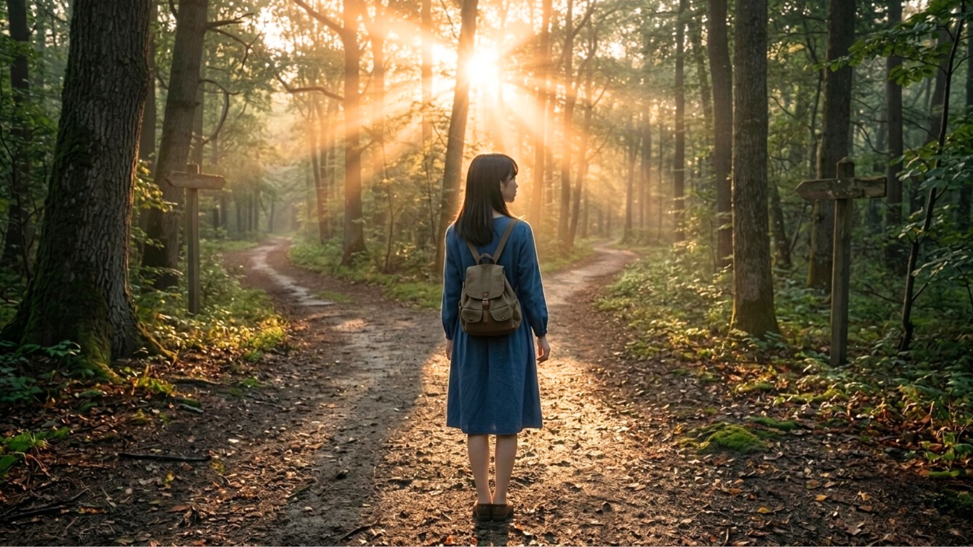 正面から光が差す森の分かれ道でどちらに進むか選ぶ少女