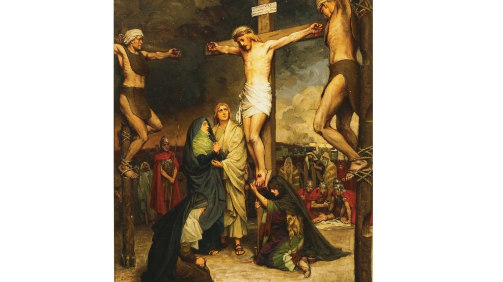 十字架に掛けられたイエス・キリストと悲しんでいる彼を慕っていた人々