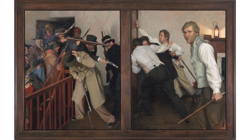 カーセージの牢獄に押し込んできた暴徒たちに襲われるジョセフ・スミスと兄ハイラム、そして教会の兄弟たち